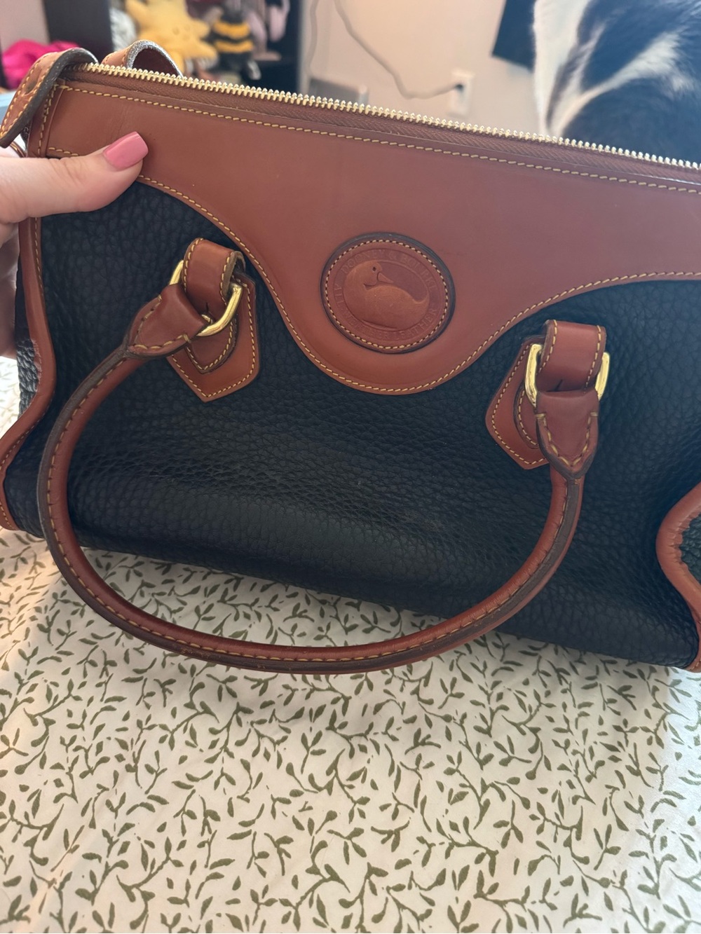 Dooney & Bourke Black Pebbled Leather Satchel with Brown Trim and Gold Hardware